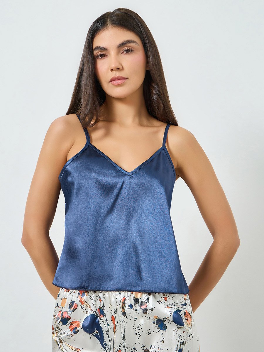 Navy Blue Satin Cami and Printed Pyjama Set