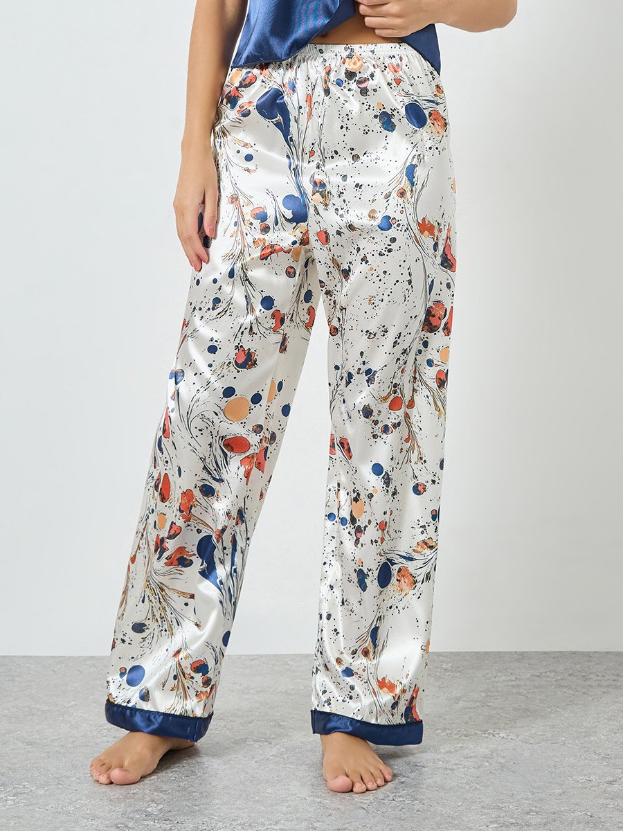 Navy Blue Satin Cami and Printed Pyjama Set
