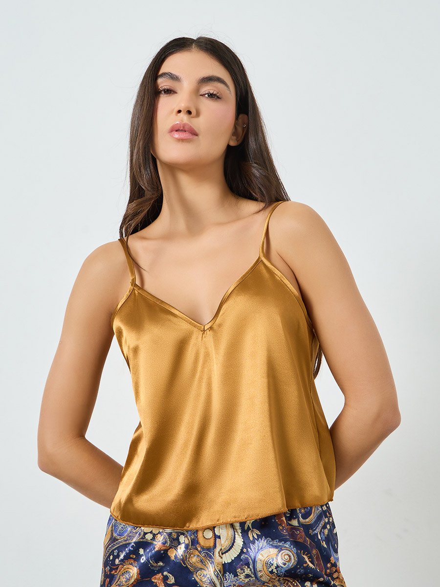 Solid Satin Cami and Paisley Print Pyjama Set