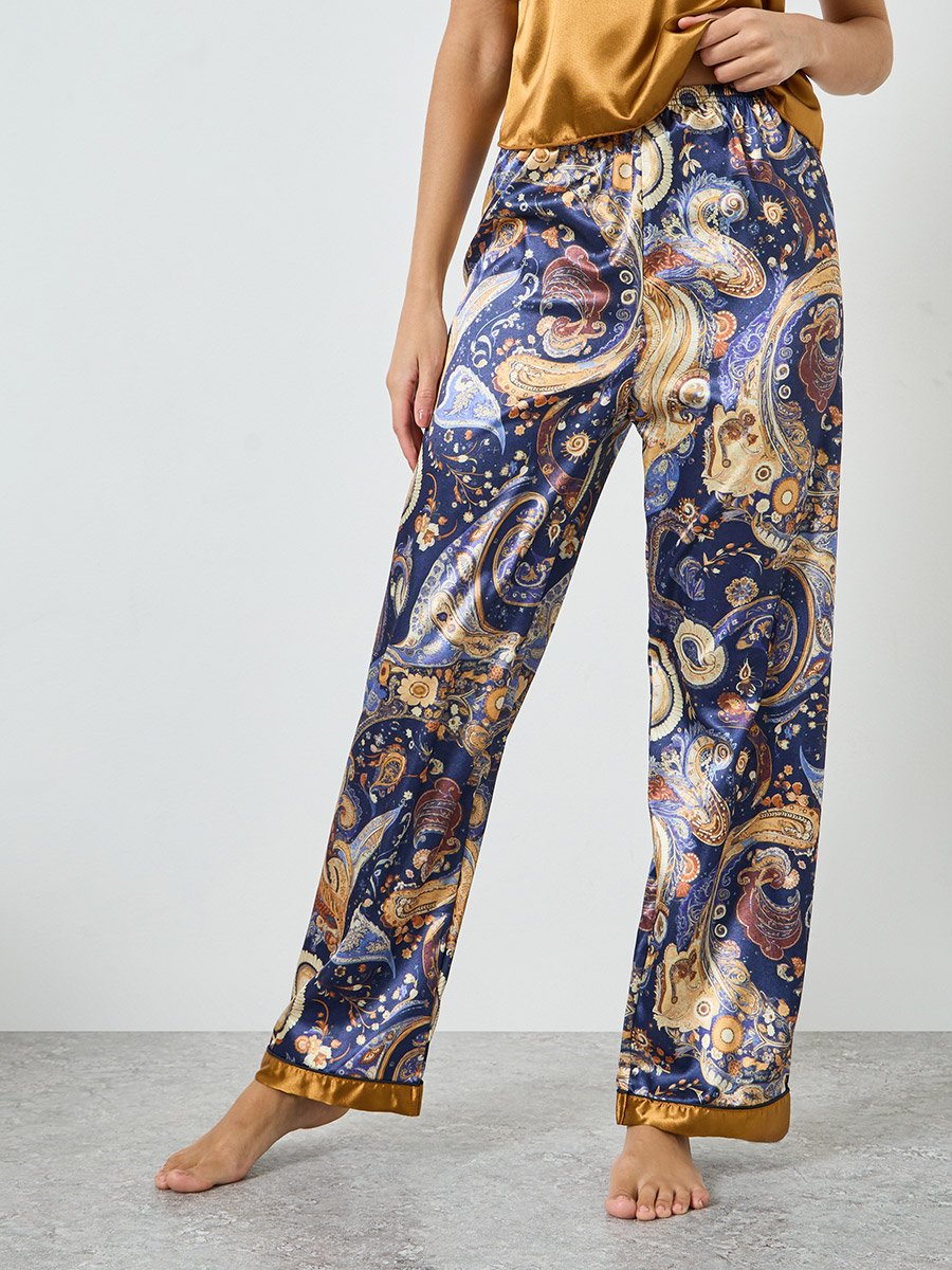 Solid Satin Cami and Paisley Print Pyjama Set