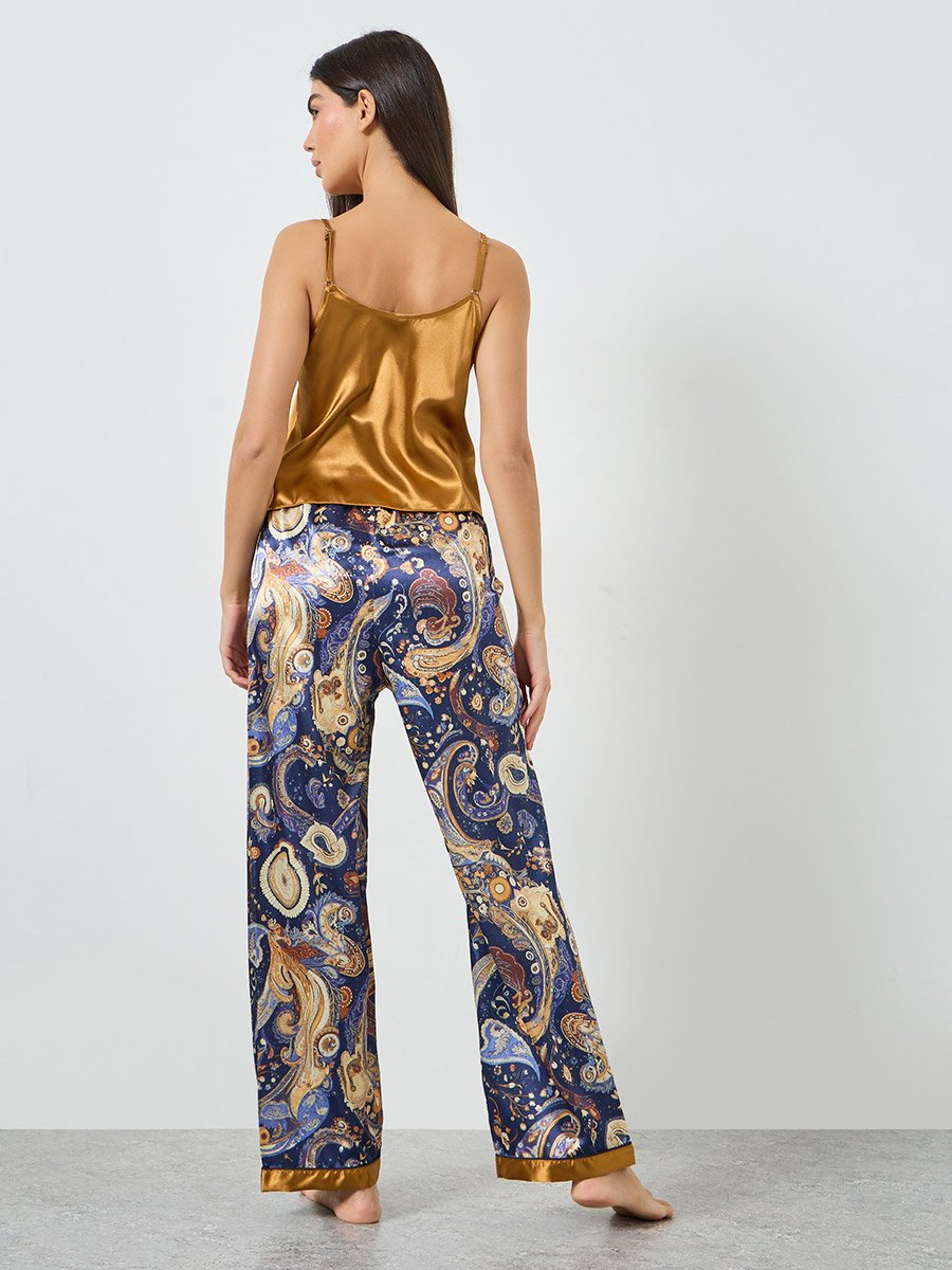 Solid Satin Cami and Paisley Print Pyjama Set