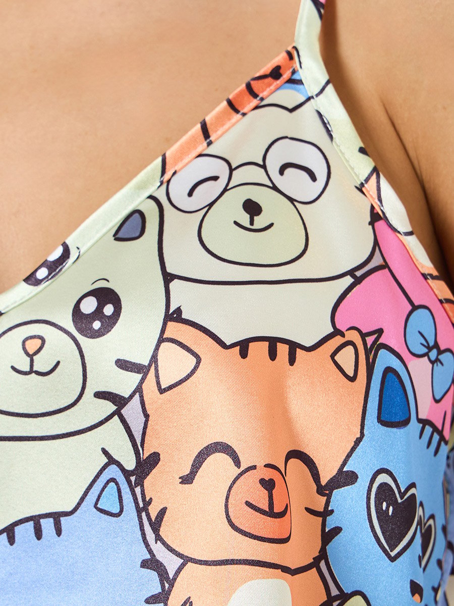 Cat Print Cami Top and Shorts Pyjama Set