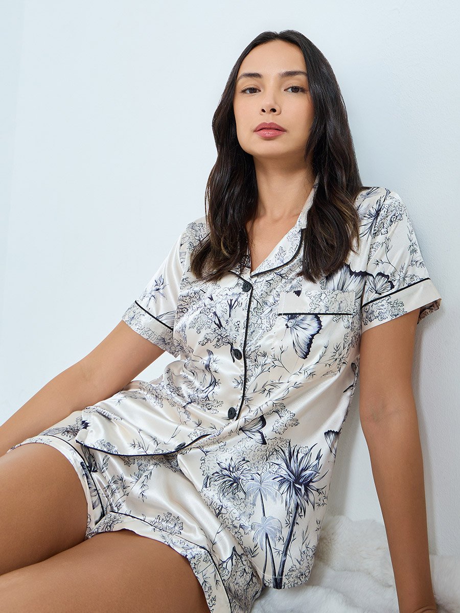 Butterfly Floral Print Satin Shirt and Shorts Set