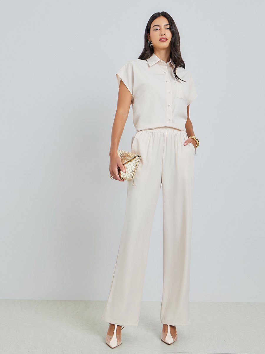 Beige Short Sleeve Shirt and Wide Leg Pants Set
