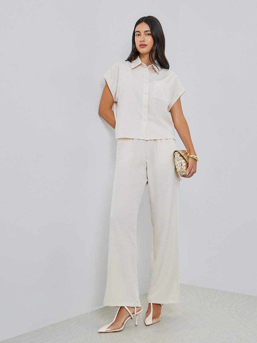 Beige Short Sleeve Shirt and Wide Leg Pants Set