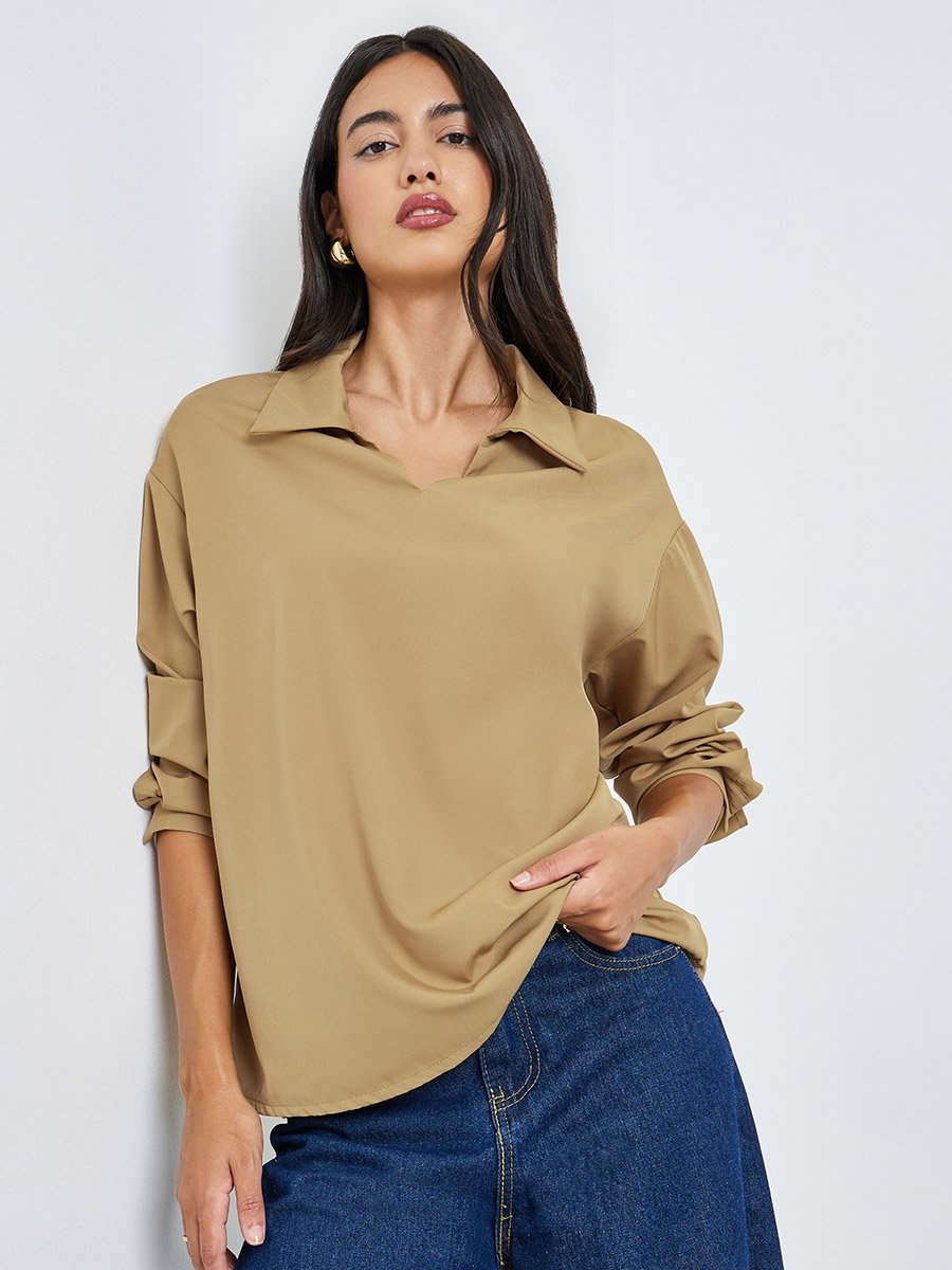 Khaki Open Collar Relaxed Fit Blouse