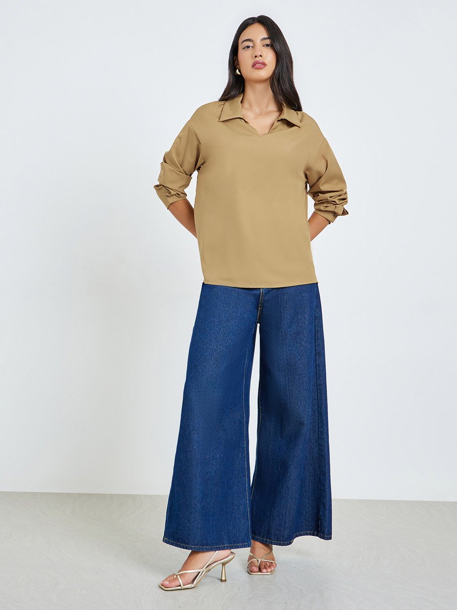 Khaki Open Collar Relaxed Fit Blouse