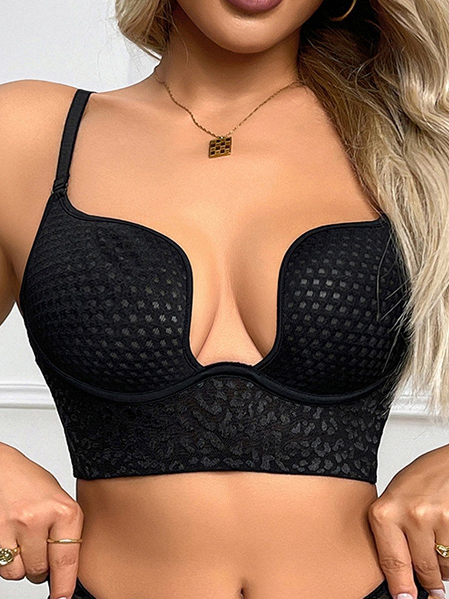 Black Texture Padded Wired Longline Push Up Bra