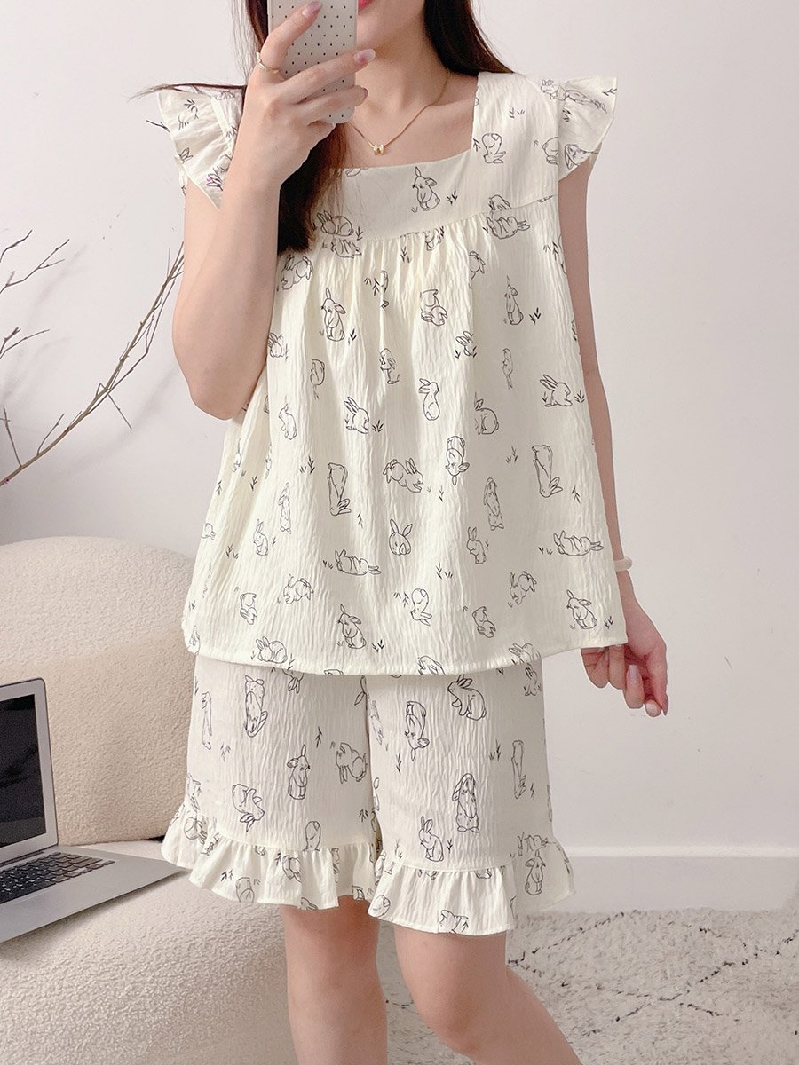Off White Bunny Print Ruffle Top and Shorts Set