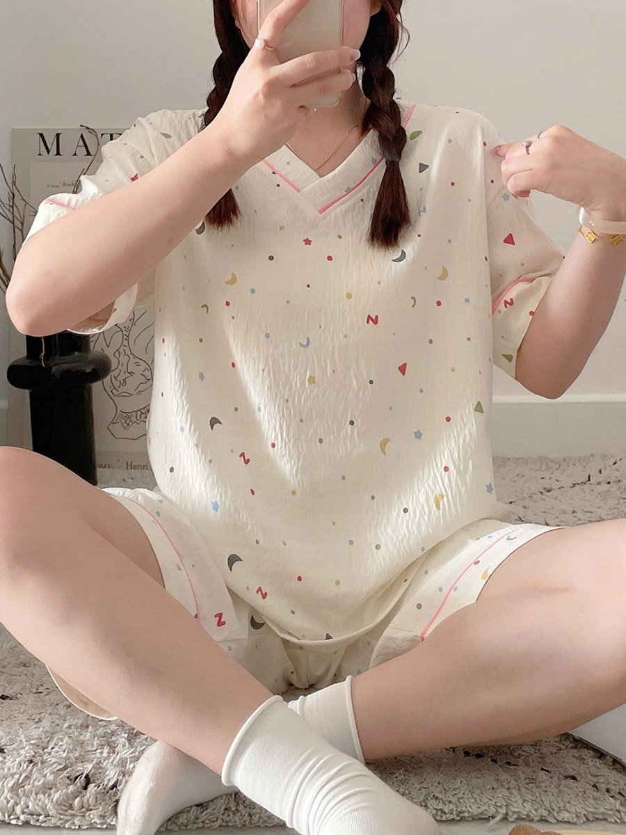 Cream V Neck Textured Top and Shorts Set