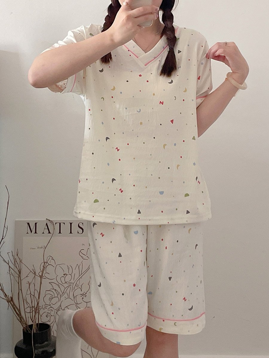 Cream V Neck Textured Top and Shorts Set