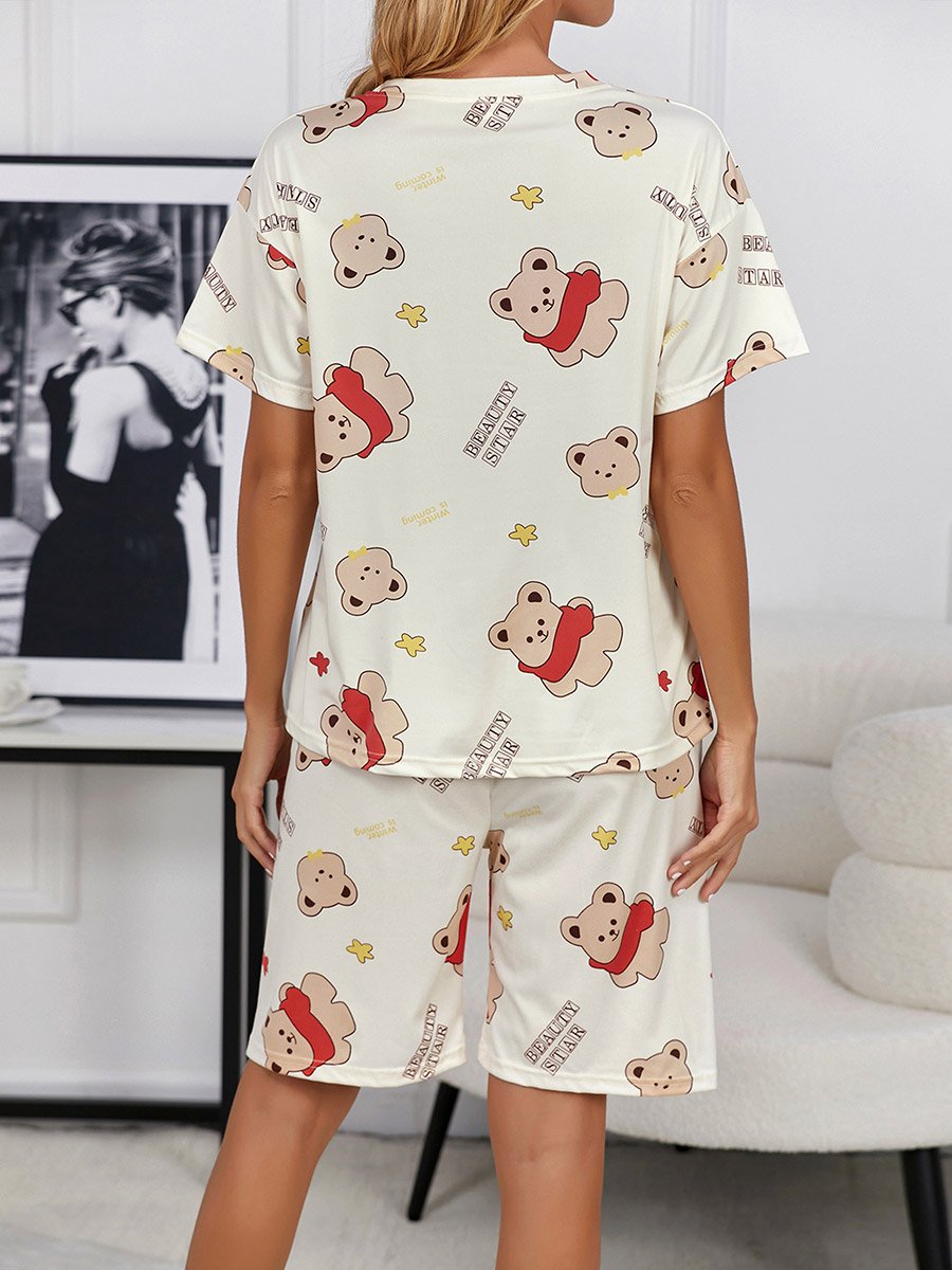 Bear Print Round Neck T-Shirt and Shorts Set