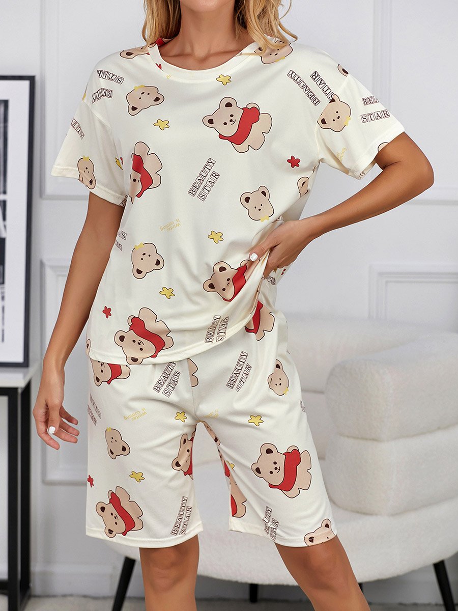 Bear Print Round Neck T-Shirt and Shorts Set