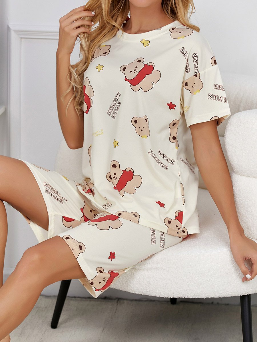 Bear Print Round Neck T-Shirt and Shorts Set