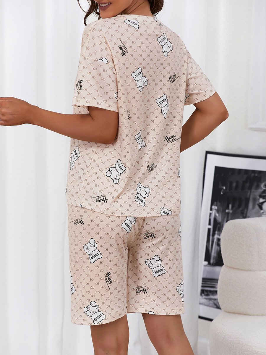 Beige Bear Print T-Shirt and Short Set