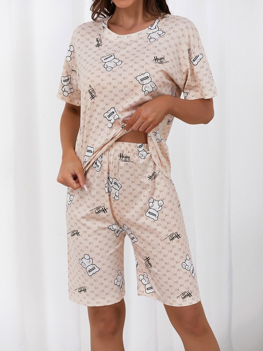 Beige Bear Print T-Shirt and Short Set