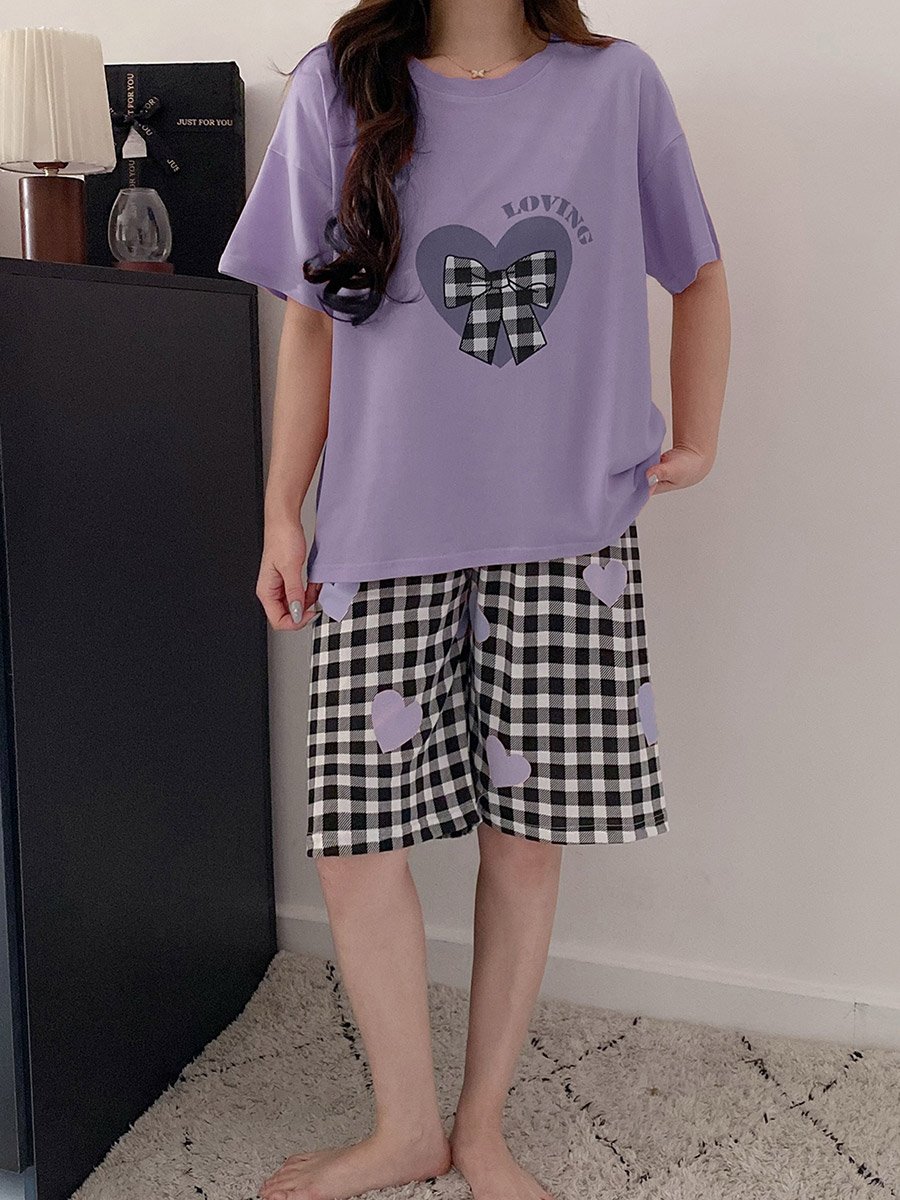 Plus Size Heart Print Checked T-Shirt and Shorts Set