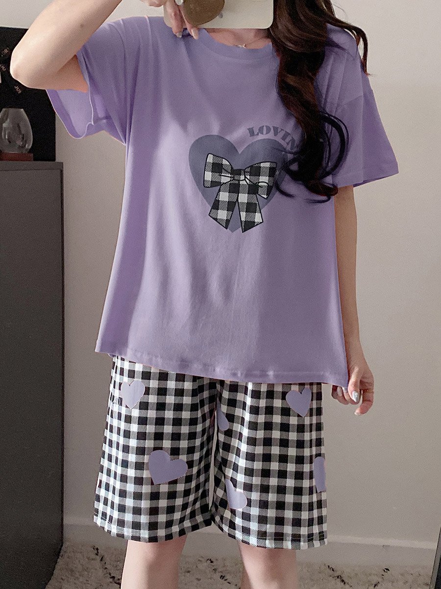 Plus Size Heart Print Checked T-Shirt and Shorts Set