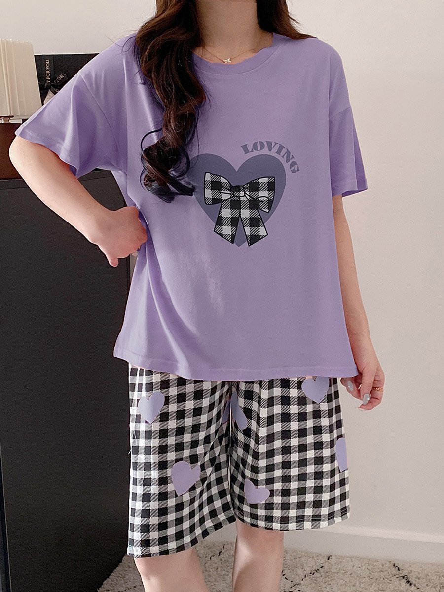 Plus Size Heart Print Checked T-Shirt and Shorts Set