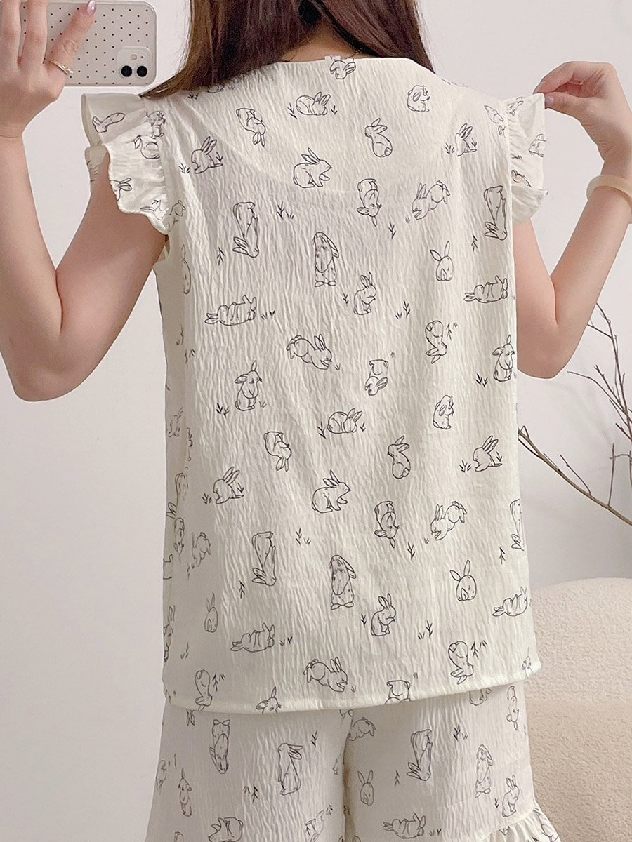Plus Size Bunny Print Ruffle Top and Shorts Set