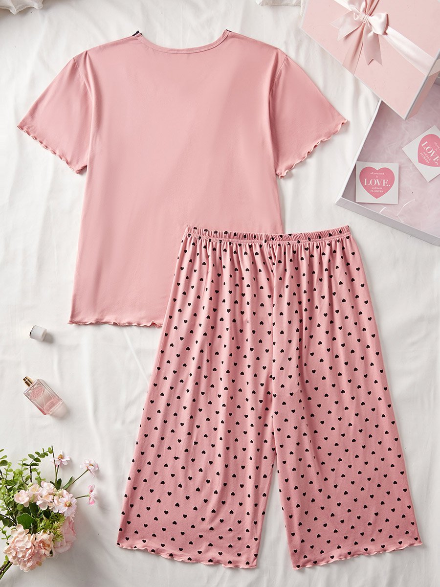 Plus Size V Neck Top and Heart Print Shorts Set