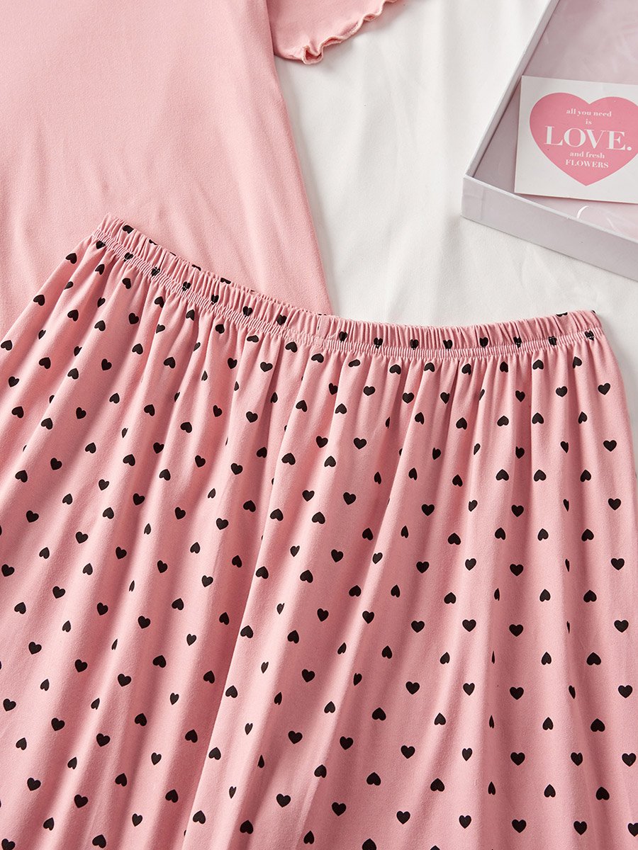 Plus Size V Neck Top and Heart Print Shorts Set