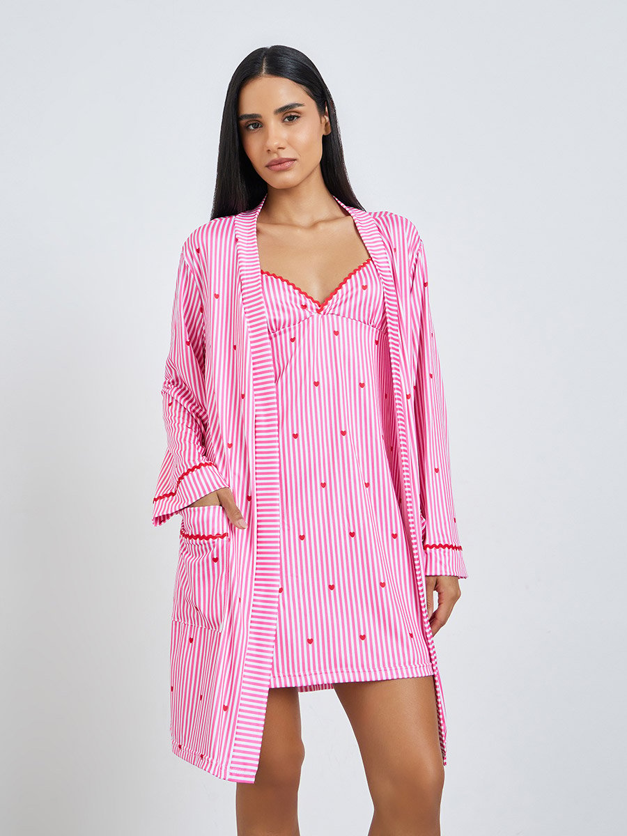 Striped Slip Dress and Robe Set with Heart Print Detail