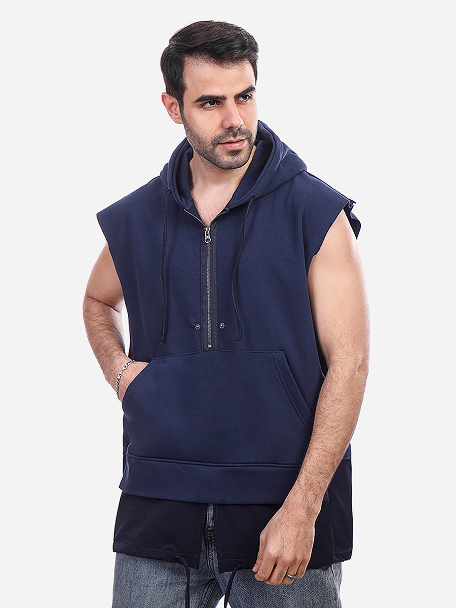 Men Navy Blue Sleeveless Zip-Up Hoodie For Men at Oman | Styli