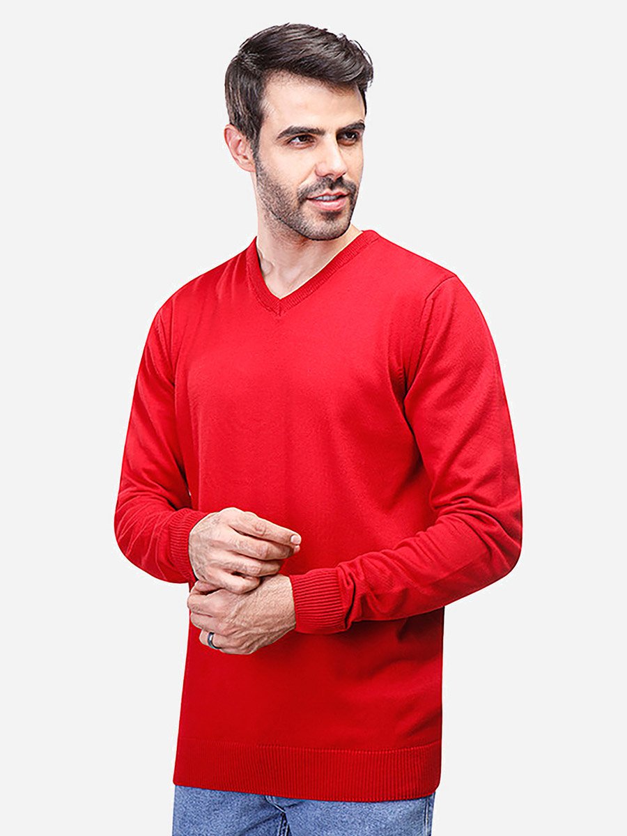 Men Red V-Neck Knit Sweater