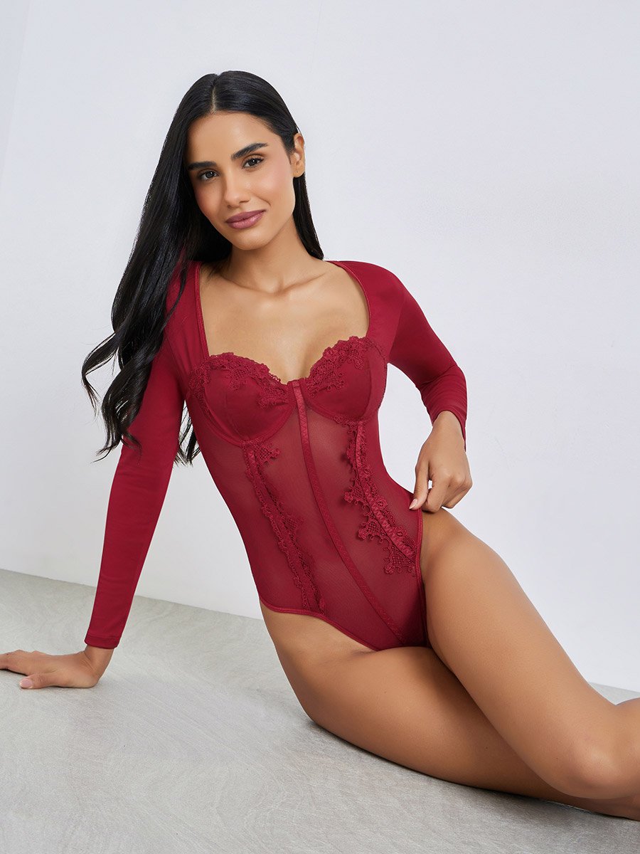 Burgundy Lace and Mesh Bodysuit