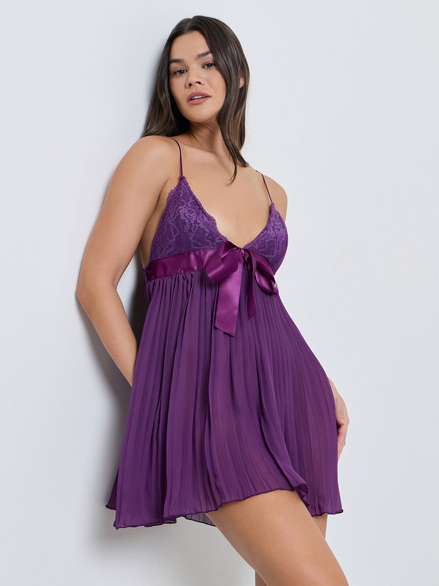 Purple Pleated Babydoll with Bow Tie Detail and Brief