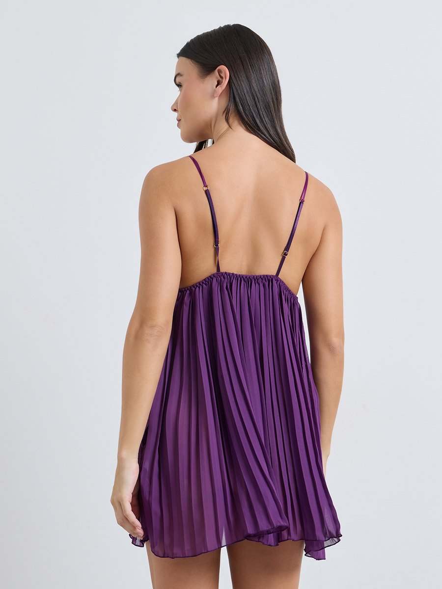 Purple Pleated Babydoll with Bow Tie Detail and Brief