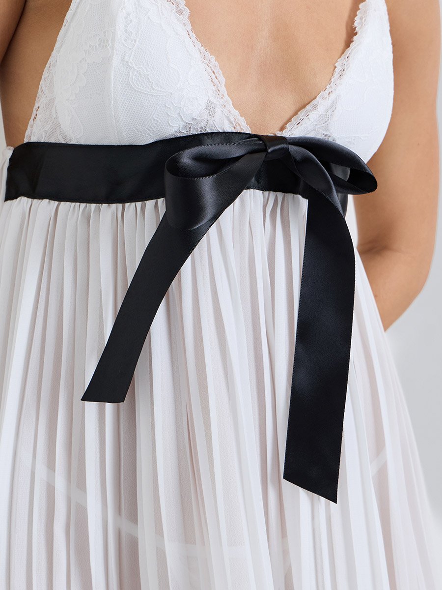 White Pleated Babydoll with Bow Tie Detail and Brief