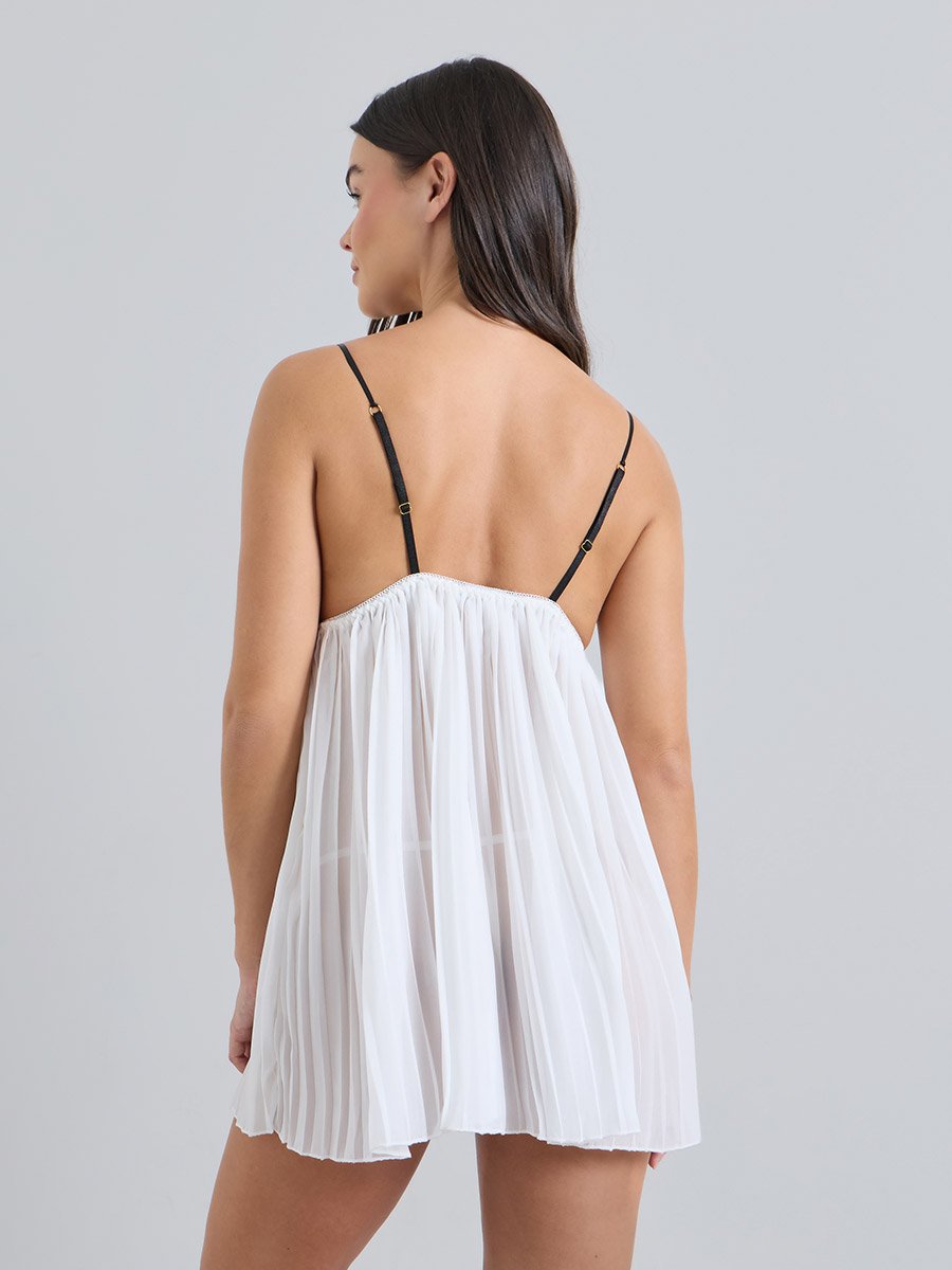 White Pleated Babydoll with Bow Tie Detail and Brief
