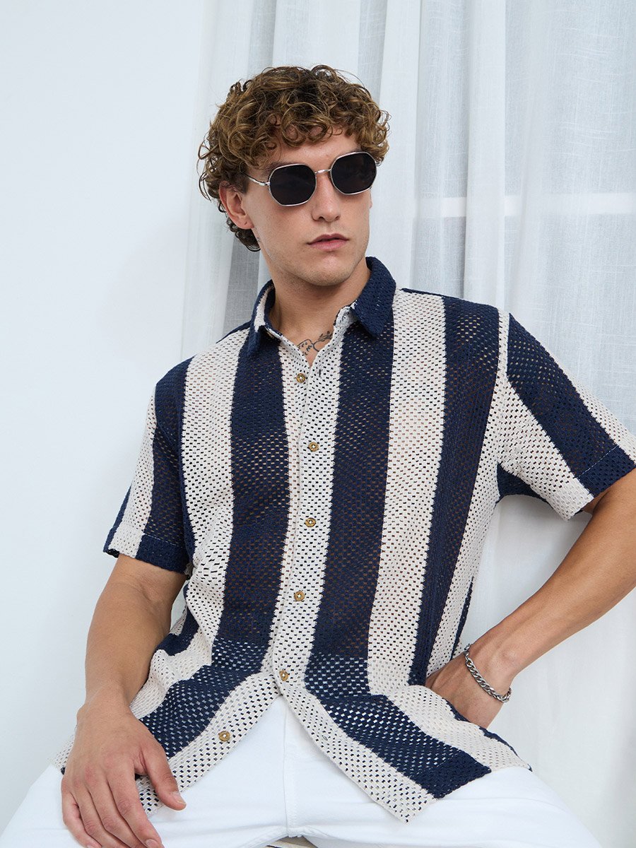 Men Navy Open-Knit Striped Shirt