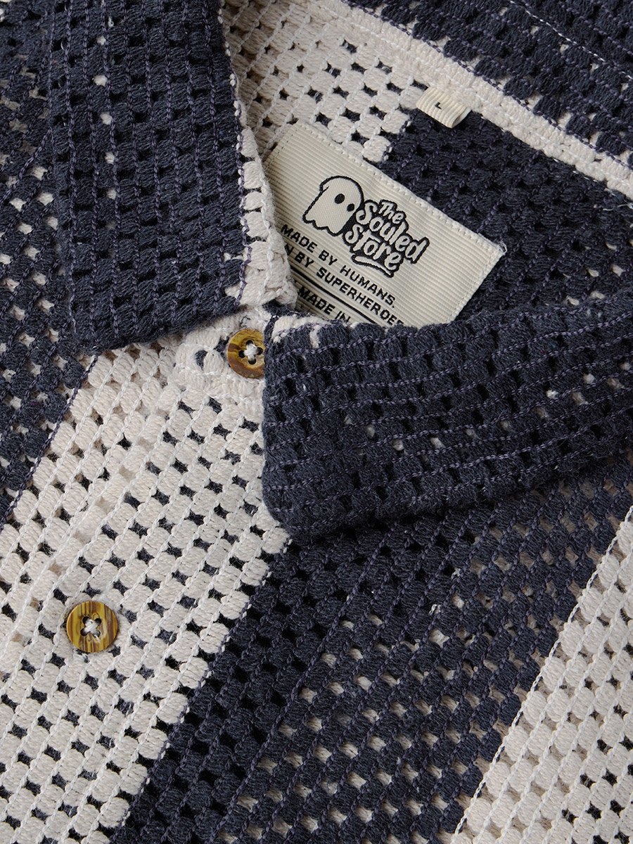 Men Navy Open-Knit Striped Shirt
