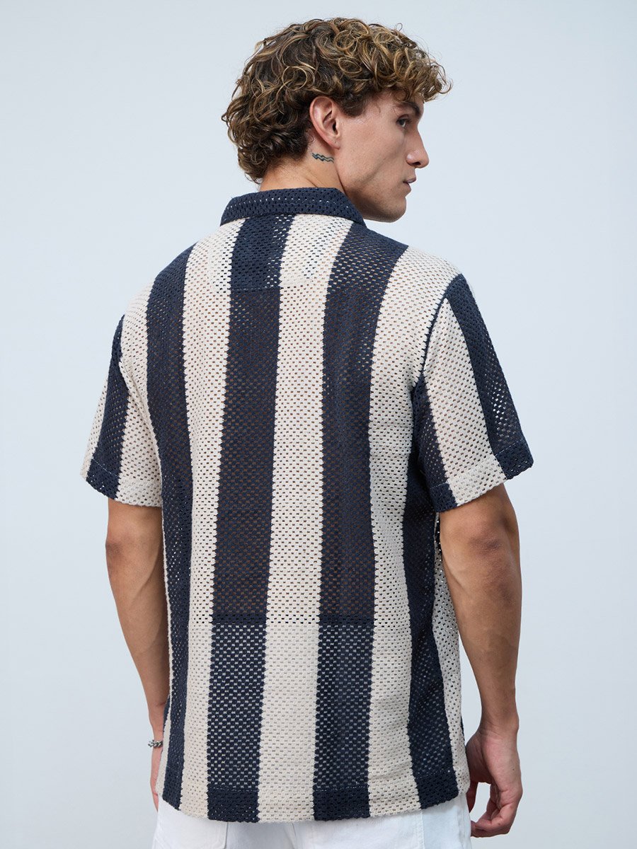 Men Navy Open-Knit Striped Shirt