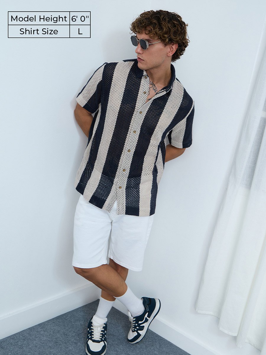 Men Navy Open-Knit Striped Shirt