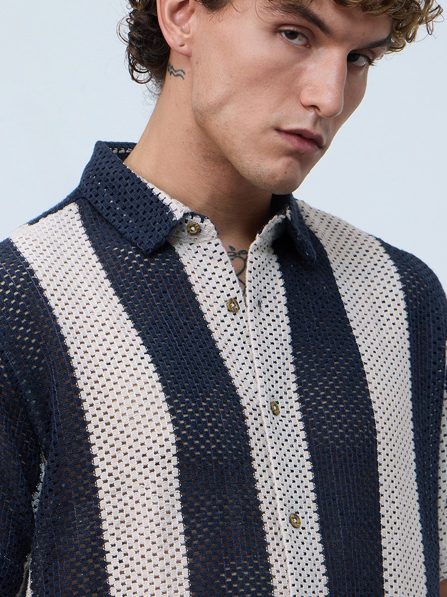 Men Navy Open-Knit Striped Shirt