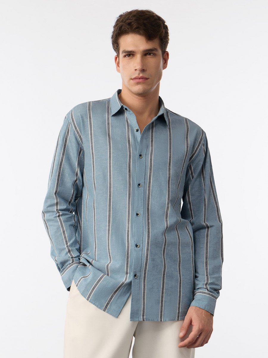 Men Blue Striped Cotton Linen Shirt