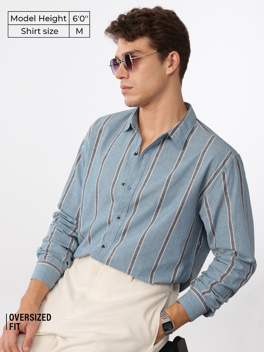Men Blue Striped Cotton Linen Shirt