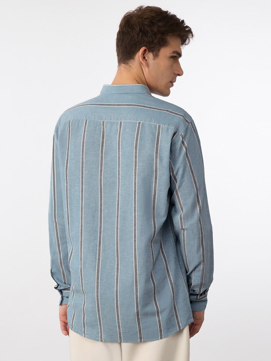 Men Blue Striped Cotton Linen Shirt