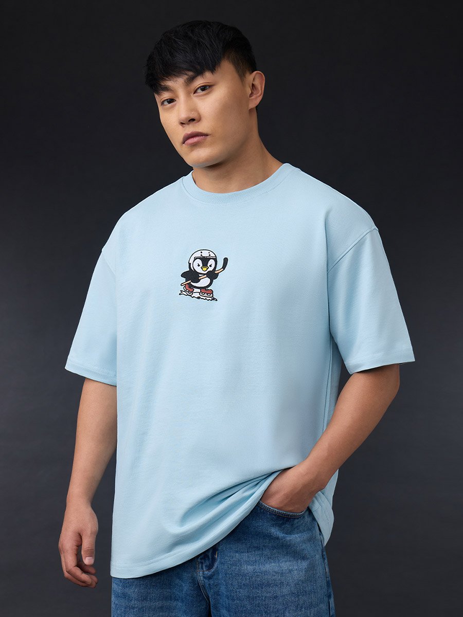 Men Blue Oversized Embroidered T-Shirt
