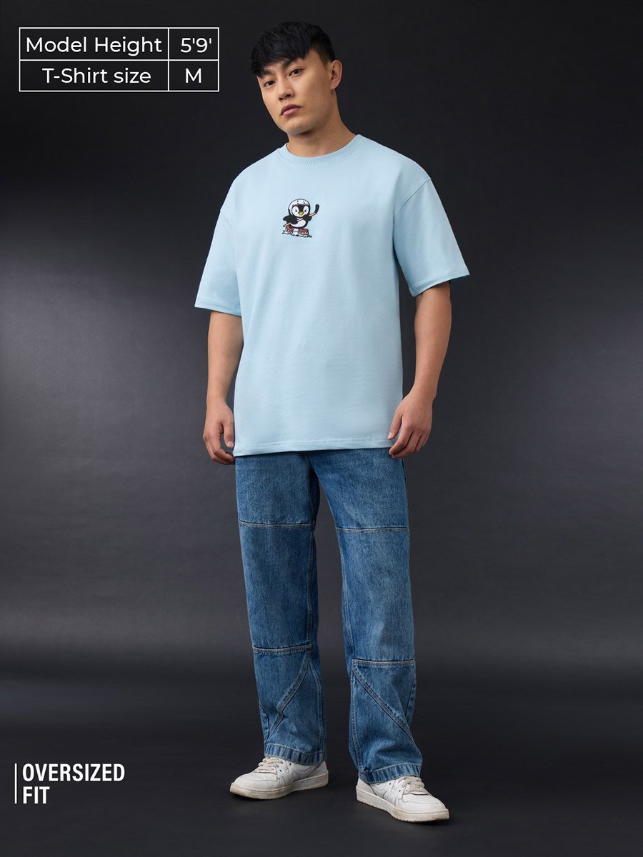 Men Blue Oversized Embroidered T-Shirt