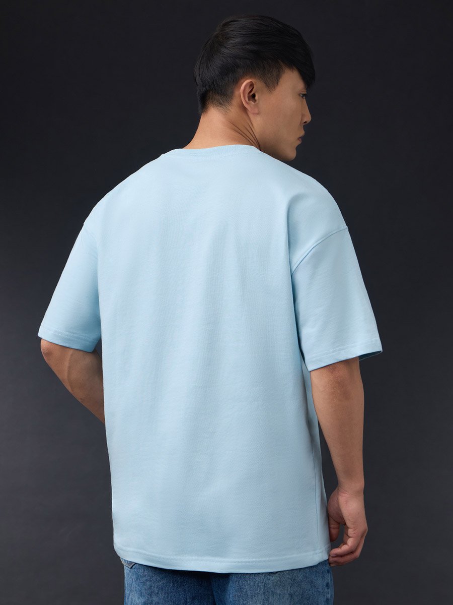 Men Blue Oversized Embroidered T-Shirt