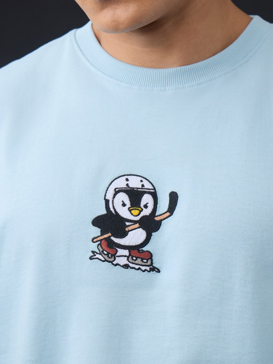 Men Blue Oversized Embroidered T-Shirt