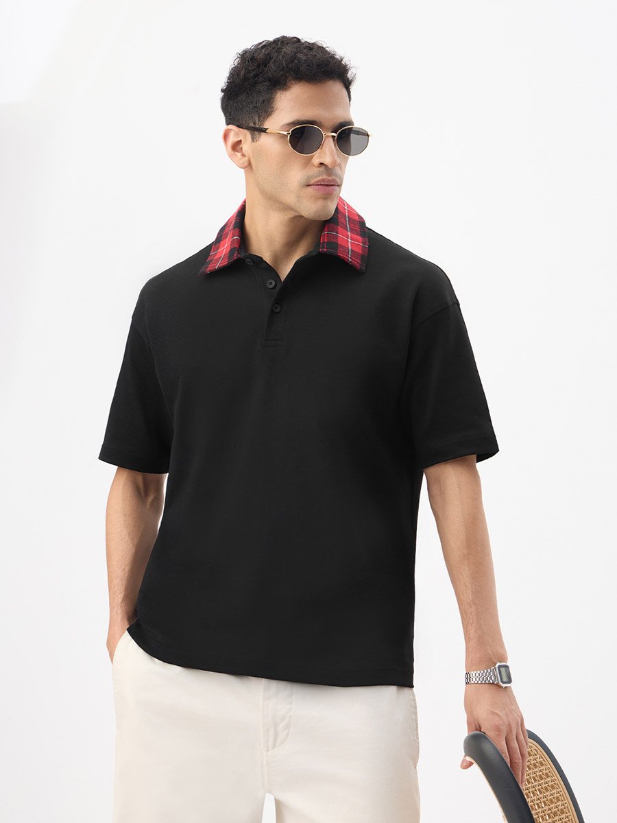 Men Black Oversized Polo with Checkered Collar