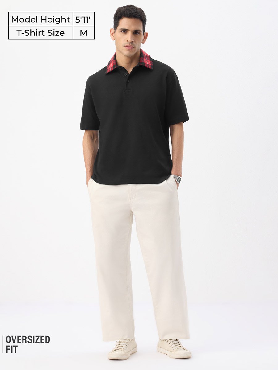 Men Black Oversized Polo with Checkered Collar