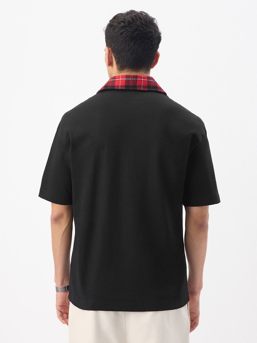 Men Black Oversized Polo with Checkered Collar