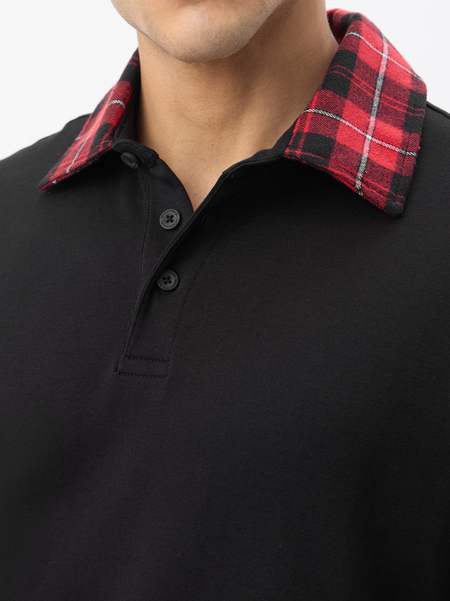 Men Black Oversized Polo with Checkered Collar